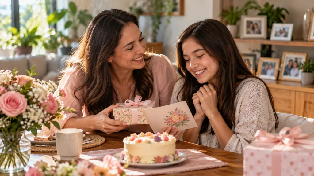 Mother celebrating National Daughters Day with her teenage daughter by giving her a wrapped gift and greeting card at home