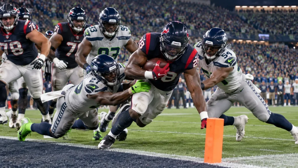 Houston Texans vs Seattle Seahawks football game during an intense goal-line play