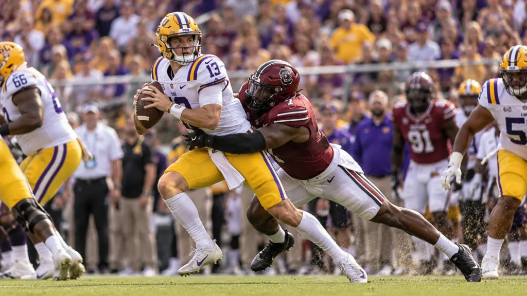 LSU Tigers vs South Carolina Gamecocks football game showing a South Carolina defender tackling an LSU player