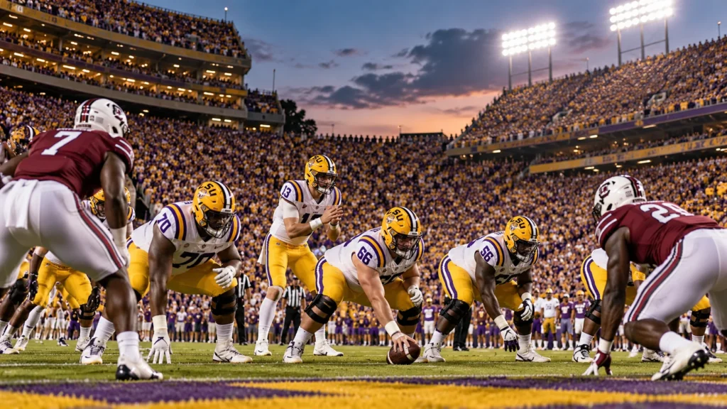 LSU Tigers football players lining up against South Carolina Gamecocks defenders at Tiger Stadium in Baton Rouge