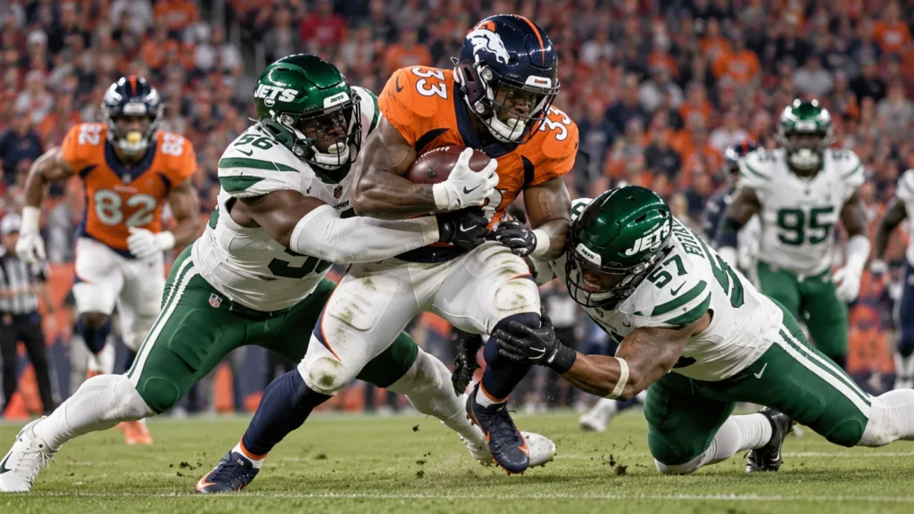 Denver Broncos running back carrying the football while two New York Jets defenders attempt a tackle during an intense NFL-style action scene.