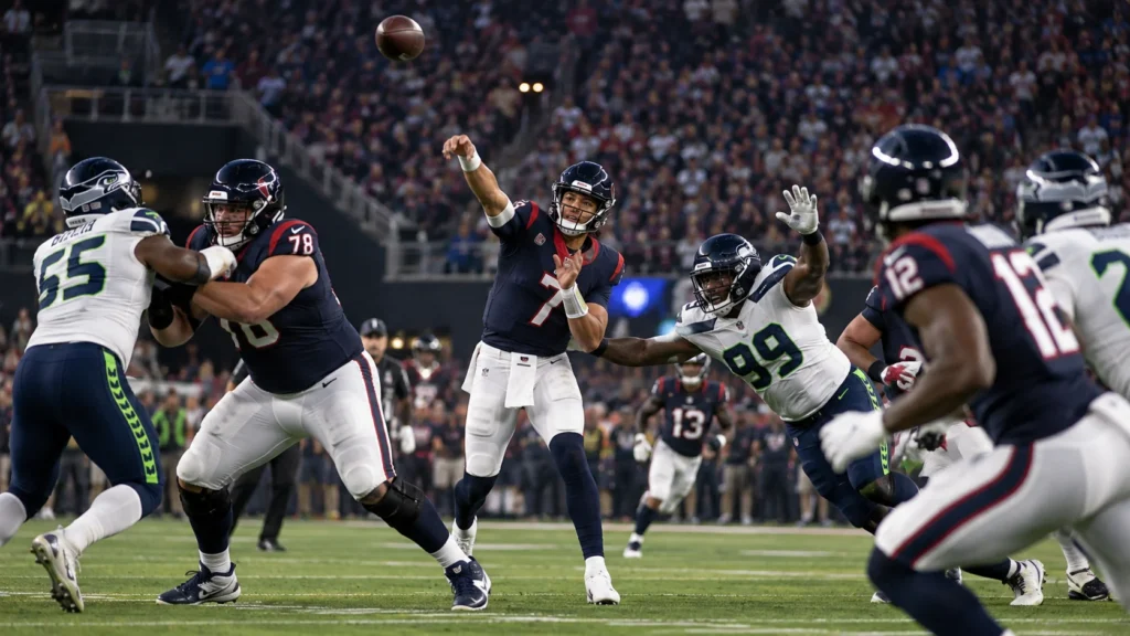 Texans vs Seahawks inspired football game with Houston quarterback throwing a deep pass under defensive pressure
