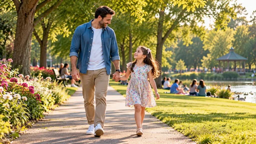 Father and daughter walking hand in hand through a beautiful park celebrating National Daughters Day